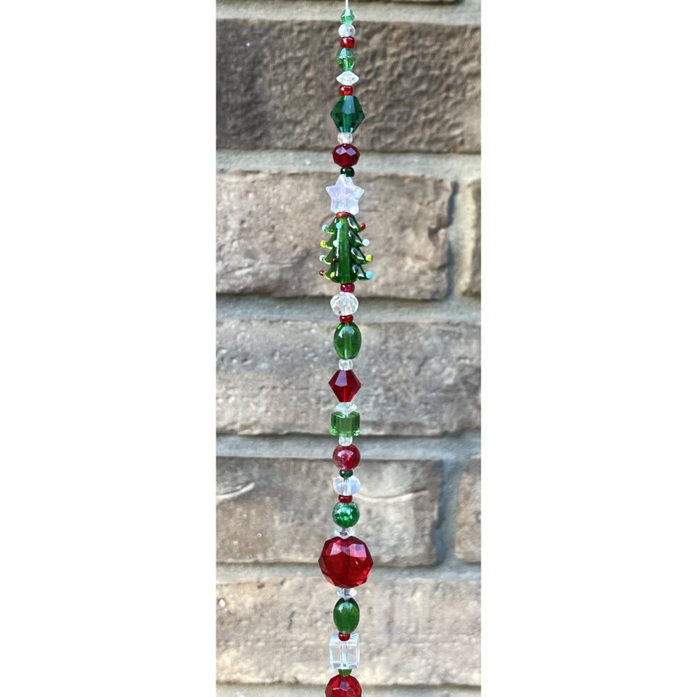 Beaded Christmas Tree Suncatcher Red Green Crystal Prism Hanging Decor - Picture 7 of 10